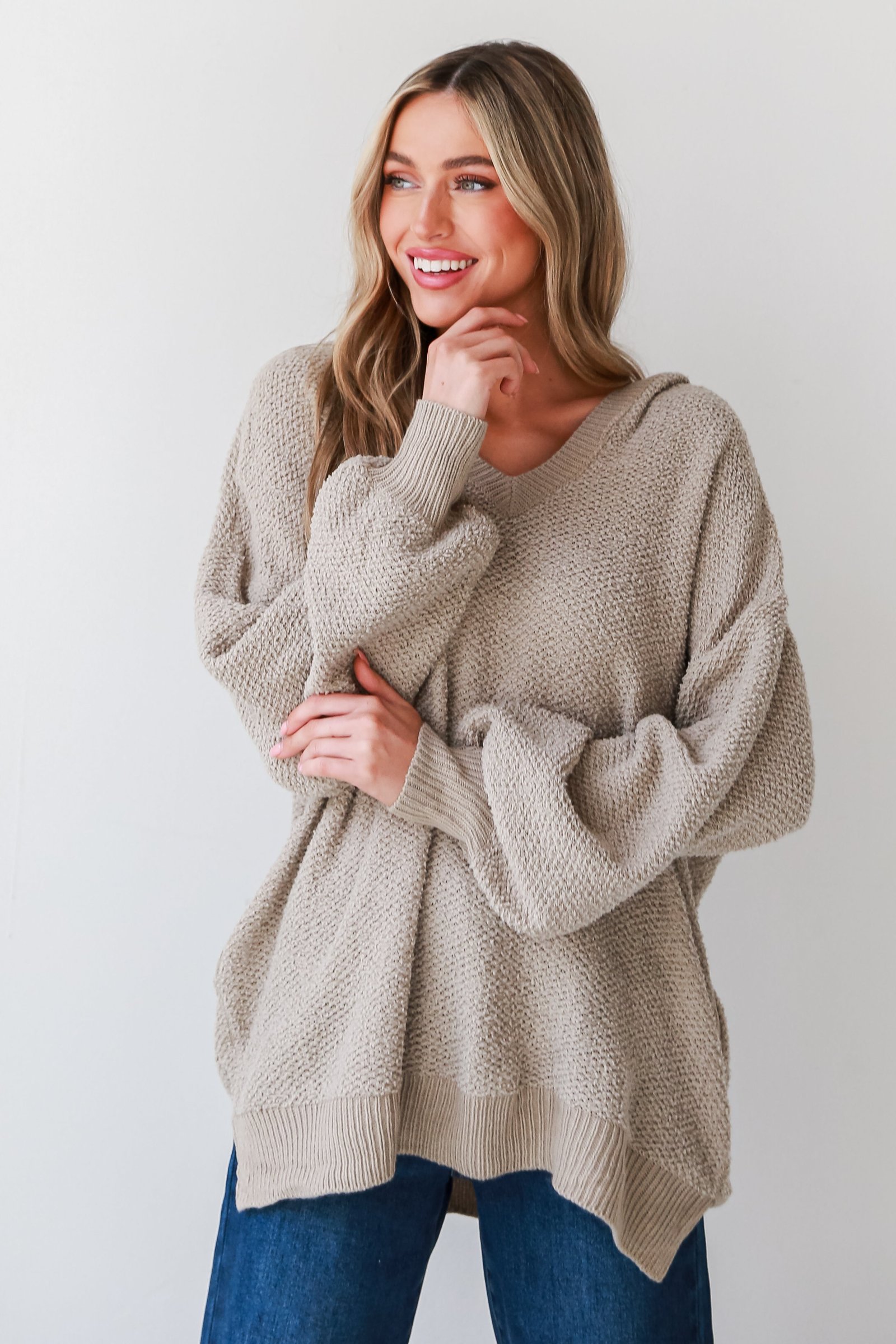 Inviting Comfort Taupe Hooded Oversized Sweater